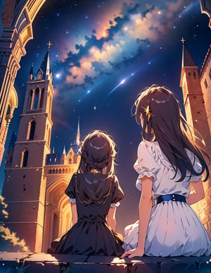 (masterpiece, top quality), high definition, artistic composition, two girls, fantasy, brick structure, two girls sitting, from behind, from below, night, starry sky, wide night sky, shooting star, looking up to heaven, pointing to sky, fun, bold composition, dramatic