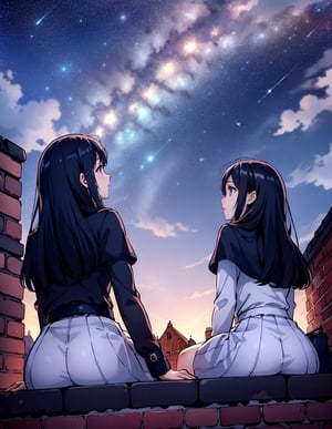 (masterpiece, top quality), high definition, artistic composition, two girls, fantasy, brick structure, two girls sitting, from behind, from below, night, starry sky, wide night sky, shooting star, looking up to heaven, pointing to sky, fun, bold composition, dramatic