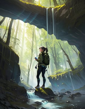 Masterpiece, Top Quality, High Definition, Artistic Composition, One Girl, Explorer, Khaki Climbing Clothing, Backpack, Looking Up, Map in Hand, Gorge Eroded by Huge Rocks, Huge Soaring Rock Wall, Dark Without Sunlight, (High, Narrow Waterfall), Mossy, Green, Impressive Light, Bold Composition, Below from, beautiful nature, narrow passage, small shrine