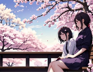  Masterpiece, top quality, high quality, artistic composition, two women, sitting side by side on bench, one laughing, one angry, having conversation, spring coordination, cherry blossom trees, cherry blossoms in full bloom, petals dancing, wide shot, looking away,<lora:659111690174031528:1.0>