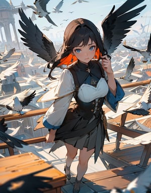 Masterpiece, top quality, high definition, artistic composition, 1 woman, looking up, from above, migrating birds flying, flock of birds, Dutch angle, bold composition, wide shot
