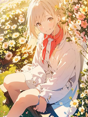 Masterpiece, Top Quality, 1 girl, smiling with mouth open, hand between legs, sitting on ground, looking up at sky, white blouse, beige skirt, flower garden, flowers blooming, high definition, striking light, composition from below, portrait, wide shot, backlight, emphasis on feet