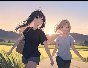 (masterpiece, top quality), high definition, artistic composition, 3 girls, casual fashion, sunset, backlighting, Japanese countryside, walking, beautiful nature, talking, excited, exaggerated gestures, girlish gestures, portrait, film style, striking light, looking happy, from the side, looking away, Summer, T-shirt, Clothes