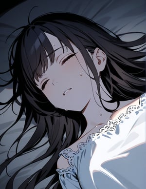 (masterpiece, top quality), high definition, artistic composition, 1 girl, dark hair, gothic, sleeping on bed, suffering, sweating, from above, (devil standing beside), frightening, horror, dark, overhedshot, devil image