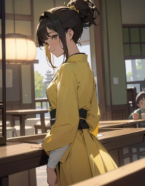 (masterpiece, top quality), high definition, artistic composition, 1 girl, dark hair, hair tied back, family restaurant clerk, smiling, Japanese family restaurant, coffee offered on table, green and yellow uniform, cute costume, from side, looking away