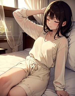 Masterpiece, Top Quality, High Definition, Artistic Composition, One Girl, Cream Yellow Cotton Shirt, On Bed, Getting Up, Eyes Closed, Mouth Open and Absent, Right Arm Up, Girlish Gestures, Backlight, Bedroom, Morning, Curtain, Impressive Light, Sleeping, Sleepy, Portrait, Low contrast, dark hair, loungewear, pleasant-looking
