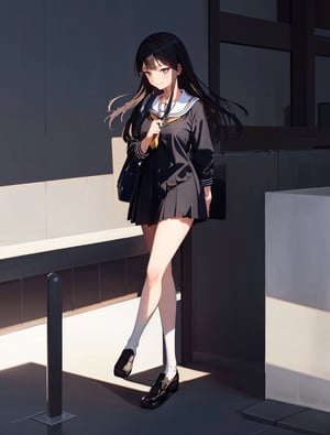 Masterpiece, Top Quality, 1 girl, black sailor suit, school uniform, school uniform, school, standing with legs spread, smirking, holding out hand, holding up finger, high definition, from below, Japan, summer dress, one piece, striking light, side view, full body