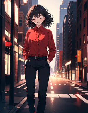 (masterpiece, top quality), high definition, artistic composition, 1 woman, hands in pockets, eyes closed, smiling, looking away, downtown at night, blurred background, red collared shirt, black easy pants, walking, lively, talking, striking light, dramatic, diagonal composition, outside Curly one curl, Stylish