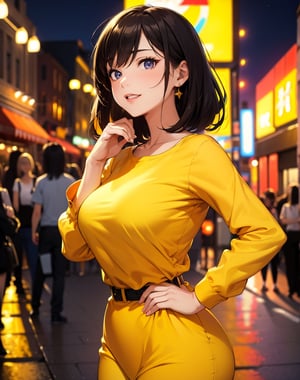 Masterpiece, top quality, high definition, artistic composition, cartoon, 1 woman, bad wife, yellow clothes, nightlife, downtown, blurred background, smiling, looking up, looking away, dramatic, mature, affair