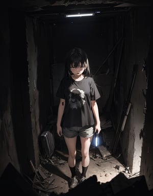 (masterpiece, top quality), high definition, artistic composition, 1 girl, 15 years old, scared, tears in her eyes, (holding flashlight), darkness, in ruins, t-shirt, shorts, frightening, terror, pitch dark, jet black, dark background