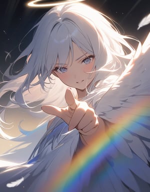 (masterpiece, top quality), high definition, artistic composition, 1 woman, angel, looking down, pointing at me, close-up of fingers, beautiful light, halo, rainbow, beautiful angel feathers, calm eyes, dancing bird feathers, dramatic, striking light, scary face
