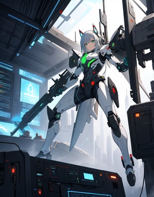 (masterpiece, top quality), high definition, artistic composition, 1 girl, anime, android style battle suit, white and red armor, green luminescence on body, holding future heavy weapons with both hands, futuristic, sci-fi, action pose, Turning sideways, spaceship dog, holographic monitor,(masterpiece),scenery