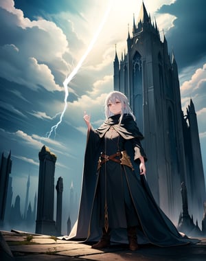 (masterpiece, top quality), high definition, artistic composition, 1 woman, wizard's robe, standing tall, (right arm held out in front, reaching), expressionless, golden eyes, looking down, dark background, large lightning, wide sky, ruins, fantasy, striking light