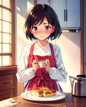 Masterpiece, Top Quality, High Definition, Artistic Composition, 1 girl, Embarrassed, Offering breakfast, Blushing, Apron, Japanese kitchen, Sweatshirt, Hair tucked back, Looking away, Morning, Portrait, Warm, 1960s