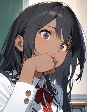 (masterpiece, top quality), high definition, artistic composition, 1 girl, classroom, seated, black hair, long hair, dark eyes, dark skin, portrait, white blazer, school uniform, red ribbon, from front, exotic, head tilted, surprised, hand over mouth