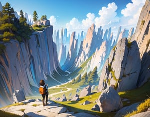 Masterpiece, top quality, high definition, artistic composition, 1 girl, trekking, climbing clothes, big backpack, looking up, stone forest, boulders, terrain, wide shot, nature, from below, bold composition, realistic