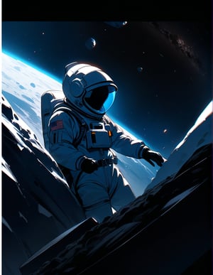 Masterpiece, Top Quality, High Definition, Artistic Composition,1 girl, space suit, spacewalk, (asteroid), dark space, Dutch angle, helmet, working outboard, high contrast, cold, vast,