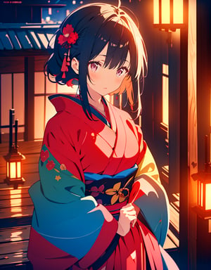 Masterpiece, Top Quality, High Definition, Artistic Composition, One girl, gentle smile, black hair, big pink ribbon, red and blue-green kimono-like battle dress, android-like armor, inside wooden building, dark, lantern light