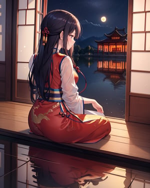 (masterpiece, top quality), high definition, artistic composition, 1 girl, Chinese traditional clothes, playing Chinese folk instrument, looking away, calm face, relaxing, Chinese wooden architecture, sitting by window, night, full moon reflected on water, wooden floor