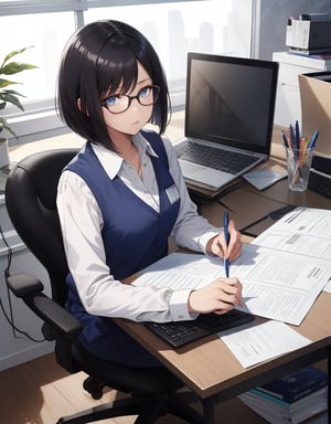 (masterpiece, top quality), high definition, artistic composition, 1 female, childlike, expressionless, large dark rimmed glasses, straight hair, bob cut, operating laptop, looking at me, sitting at desk, office, blue office vest, cutter shirt, somber, desk job, pen and slip on desk at work, 