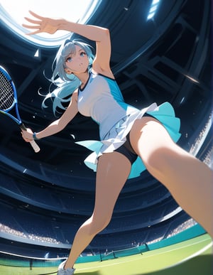 (Masterpiece, Top Quality), High Definition, Artistic Composition, 1 Woman, Tennis Wear, Tennis Court, Long Limbs, Stylish, Action Pose, From Below, Bold Composition, Dynamic, Perspective, Dramatic, Playing Tennis