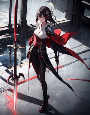  Masterpiece, Top Quality, High Definition, Artistic Composition, 1 girl, Serious face, Standing pose, Kimono-like body suit, White and red, Sword at waist, Armored machine, Slender, Black hair, Hair ornament, Sword like Japanese sword at waist, Full body, Building roof, Dark, Wet floor, From below, Science fiction, Futuristic, Decadence, From above, Perspective, Vapor