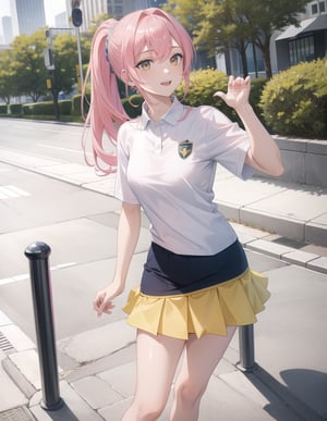(Masterpiece, Top Quality), High Definition, Artistic Composition, 1 Woman, Pink Hair, Ponytail, White Polo Shirt, Yellow Miniskirt, Navy Blue Sneakers, Smiling, Feminine Pose, City Park, Portrait, Gravure, Full Length, Stylish, Healthy,