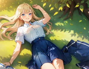 (masterpiece, top quality), High definition, Artistic composition, 1 girl, lying in large, lying on grass, smiling, sunlight through trees, shadow of leaves, pleasant, wind blowing, white shirt, dark blue skirt, An aerial view, Dutch angle

