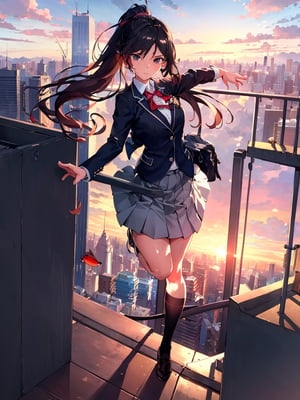 Masterpiece, top quality, 1 girl, jumping, beautiful background, cityscape, building rooftop, blazer, uniform, school uniform, legs bent, ponytail, sports bag, fish-eye lens, high definition, artistic composition, fantasy, sunset, perspective,best quality