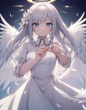 (masterpiece, top quality), high definition, artistic composition, 1 woman, angel, looking down, pointing at me, close-up of fingers, beautiful light, halo, rainbow, beautiful angel feathers, calm eyes, dancing bird feathers, dramatic, striking light, scary face
