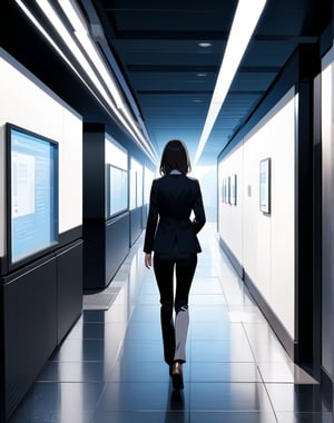 (masterpiece, top quality), high definition, artistic composition, 1 woman, business suit, back view, walking, clean underground walkway, white tile, perspective, quiet, guide light, information board, advertising sign, bright