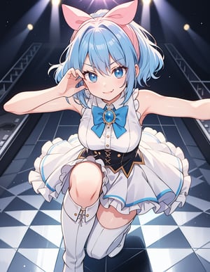  (masterpiece, top quality), high definition, artistic composition, 1 girl, pink 1980s idol fashion, anime, big bow tie with brooch, white two-socks, gravure pose, stage, backlight, light reflecting off floor, smirk, knee-high boots, sleeveless, blue hair