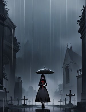 Masterpiece, Top Quality, High Definition, Artistic Composition,1 girl, umbrella, standing, gothic lolita, dark face, raining, smoking in the rain, dark graveyard, striking, from front, wide shot, eerie atmosphere, red ribbon