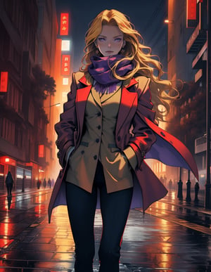 (masterpiece, top quality), high definition, artistic composition, 1 woman, beige three-quarter coat, purple vest, red floral scarf, long blonde hair, flowing eyes, red rouge, walking with hands in pockets, from front, night city, drop earrings, wet road