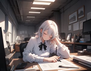 (masterpiece, top quality), high definition, artistic composition, 1 woman, collared cutter shirt, stylish office, looking at computer on desk, sleepy, messy hair, morning, white light shining through, window seat, all night, expressionless, striking light, dramatic