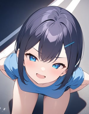 (Masterpiece, Top Quality), High Definition, Artistic Composition, 1 girl, hands behind back, bending forward, looking up, composition from above, squinting, open mouth smile, twisting body, looking at me, focus on face, blue shirt, big hairpin, little girl, road, portrait, Dutch angle, devilish smile