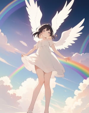 (masterpiece, top quality), high definition, artistic composition, 1 girl, rainbow image, spectrum, warm light, white dress, gentle smile, girlish gesture, frolicking, angel wings, dazzling, heaven, girl in seven colors, looking up to heaven, from below, fluttering, divine