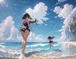 Masterpiece, Top Quality, High Definition, Artistic Composition,3 girl, cute swimsuit, running on beach toward ocean, ocean, sandy beach, from behind, from below, backlit, blue sky, frolicking, bold composition, dirt bouncing underfoot, wide shot, lively, high contrast