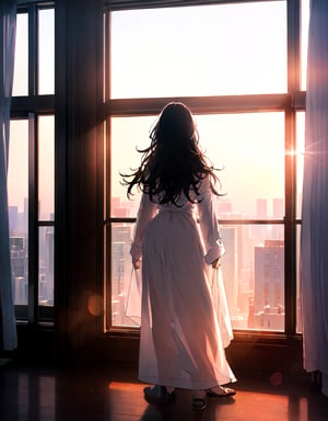 (masterpiece, top quality), high definition, artistic composition, 1 woman, standing in front of window, from behind, large white shirt, hair scraped up, shining, transparent, long black hair, morning, morning sun, striking light, backlit, hotel high-rise room, beautiful