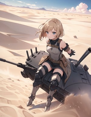 Masterpiece, Top Quality, High Definition, Artistic Composition,1 girl, girl on tank with arms and legs, battle dress, realistic weapon, desert, galloping, composition from above, Dutch angle, dust cloud