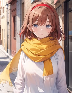 Masterpiece, Top Quality, High Definition, Artistic Composition,1 Girl, French Girl, (light brown medium hair), One Curl Outer Winding, (red hair band), big eyes, smiling, red and yellow French casual, yellow scarf, French town, walking, portrait, blue eyes, cowboy shot.