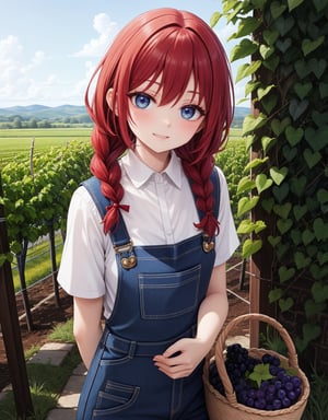 ((masterpiece, top quality), high definition, artistic composition, 1 woman, vineyard, stooping, overalls, apron, woven basket, red hair, braids, blue eyes, smiling, striking light, freckles, dramatic, grape cluster