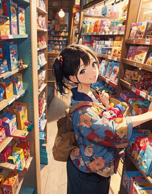  Masterpiece, Top Quality, High Definition, Artistic Composition, 1 Woman, smiling, smiling with mouth open, toy store, stooping and peeking, shelf with toys, hands in front, childish adult, happy, Japan, wide angle, side view