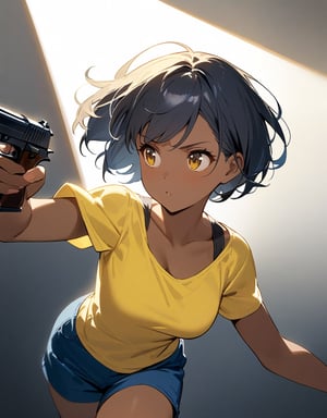 (masterpiece, top quality), high definition, artistic composition, 1 girl, brown skin, yellow tank top, navy blue shorts, holding pistol, reaching, action pose, looking away, twisting, short hair, spotlight, lively