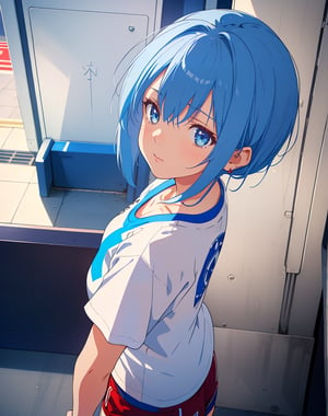 (masterpiece, top quality), high definition, artistic composition, 1 girl, white t-shirt, blue hair, medium hair, troubled, poised, from above, station, turnstiles, 12 years old, shorts, portrait, red accent color