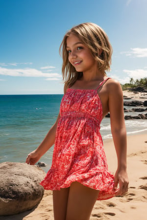 "A lively tween girl is having a fun day on a sunny beach. As she builds sandcastles, splashes in the waves and sunbathes, her colorful mini dress can easily shift, revealing a bit of her underwear or a glimpse of her developing figure as the strap of her mini dress slips down. Emily's boundless energy and joy for beach activities make her a charming presence."