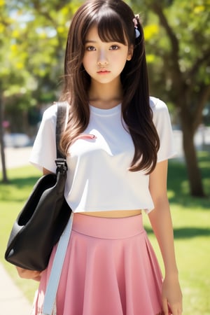 1girl, solo, long hair, looking at viewer, bangs, skirt, brown hair, shirt, black hair, navel, twintails, standing, white shirt, short sleeves, cowboy shot, outdoors, day, midriff, bag, blurry, black eyes, lips, crop top, see-through, blurry background, backpack, pink skirt, realistic