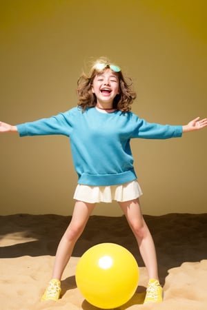 A radiant tween girl bursts with joyful abandon on a bright yellow background, her expression a masterpiece of silliness. Golden lighting casts a warm glow, as if infused by the sun's gentle rays. She's posed playfully, perhaps juggling beach balls or wearing oversized sunglasses, her face aglow with unbridled mirth.