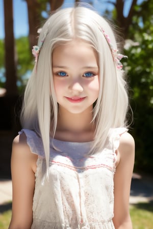 Full body view of  11 yo little tween girl, alluring tween girl, white hair, smiling face, blue eyes, blush, blushed, blushing, pale white skin,slender girl, beautiful face, masterpiece, 8k, HDR, hyperrealistic, beautiful face, perfect body, happy, smile, fun, childish slutty hippie wear, wearing only a alluring Hippie dress, smile, petite, lolicon, cute, sweet, pov, stunning use of shadows, in the syle of crisp lines and forms, UHD, shot on a Sony A7III --ar 1:2 --style raw --stylize 250,csr style,High detaild images sharpness, beautiful face, masterpiece, 8k, HDR, hyperrealistic,  photorealistic, RAW photo, best quality, sexy tween girl body by David Dubnitskiy,Detailedface