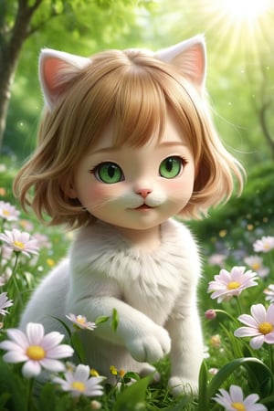 A vibrant anime chibi masterpiece! In a lush green park setting, a delightful 1-girl focal point plays with simple cats amidst blooming flowers. Her adorable eyes sparkle with joy as she gazes downward, surrounded by a shallow depth of field that blurs the background. The dynamic angle captures her carefree spirit, while the highly detailed textures and 16K resolution ensure every whisker is defined. In HD, this scene pops with color and energy!